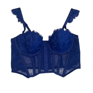 Victoria’s Secret Very Sexy Blue Lace Bustier Balconette Corset Bra 36D Sheer Me